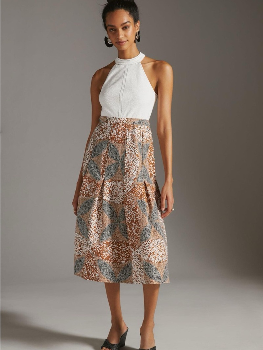 Anthropologie White Halter Top with Brown and Black Patterned Maxi Skirt